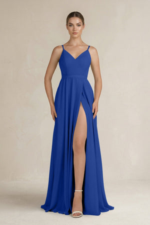 Ruched A - Line Chiffon Bridesmaid Dress with Slit in Royal Blue - SHE IS ME Bridesmaid Dresses