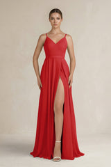 Ruched A - Line Chiffon Bridesmaid Dress with Slit in Ruby Red - KISS BRIDAL Bridesmaid Dresses