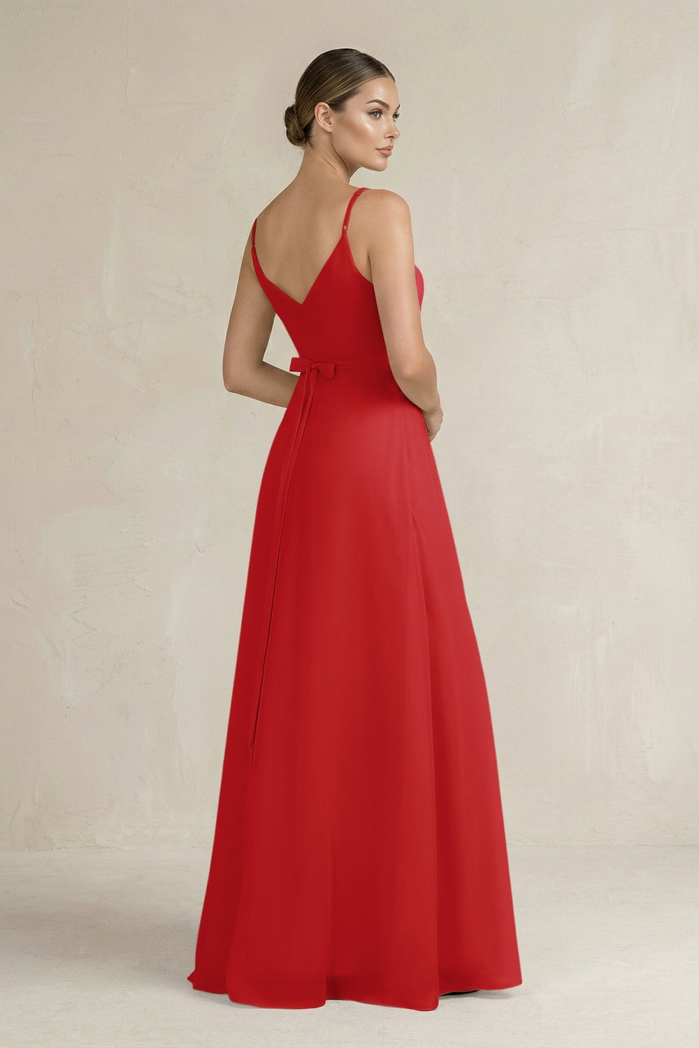 Ruched A - Line Chiffon Bridesmaid Dress with Slit in Ruby Red - SHE IS ME Bridesmaid Dresses