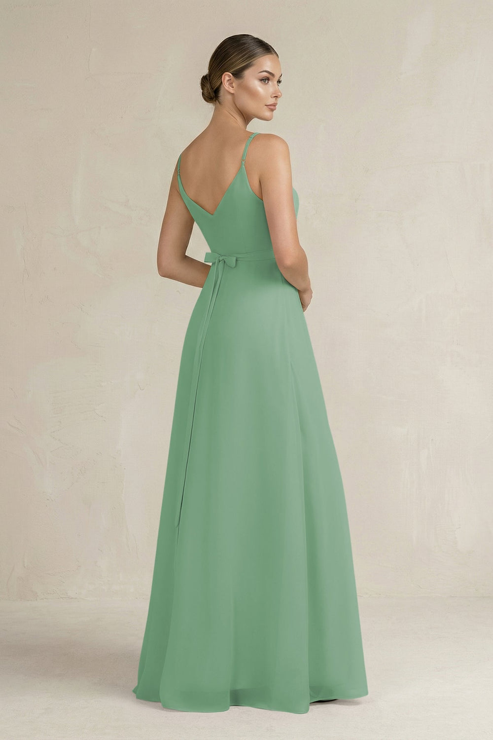 Ruched A - Line Chiffon Bridesmaid Dress with Slit in Sea Glass - SHE IS ME Bridesmaid Dresses