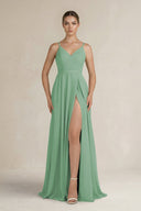 Ruched A - Line Chiffon Bridesmaid Dress with Slit in Sea Glass - SHE IS ME Bridesmaid Dresses