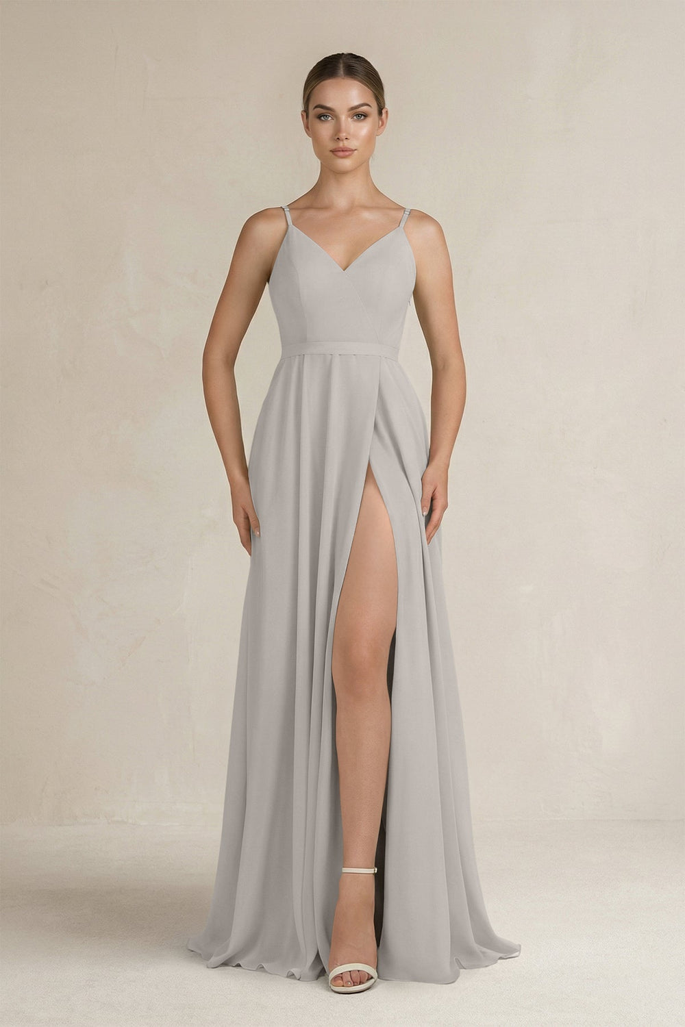 Ruched A - Line Chiffon Bridesmaid Dress with Slit in Silver - SHE IS ME Bridesmaid Dresses