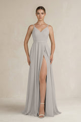 Ruched A - Line Chiffon Bridesmaid Dress with Slit in Silver - KISS BRIDAL Bridesmaid Dresses