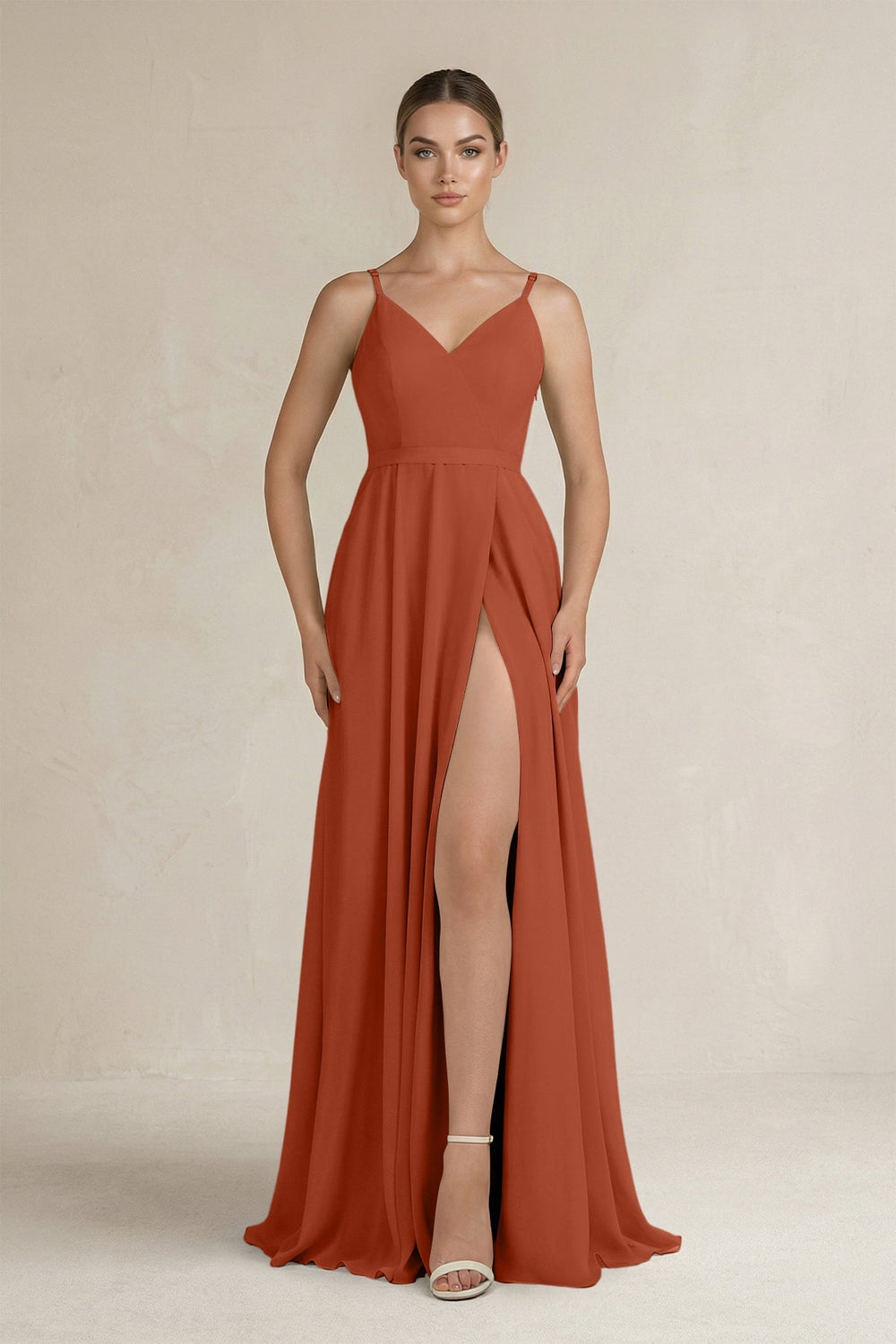 Ruched A - Line Chiffon Bridesmaid Dress with Slit in Spice - SHE IS ME Bridesmaid Dresses