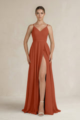 Ruched A - Line Chiffon Bridesmaid Dress with Slit in Spice - KISS BRIDAL Bridesmaid Dresses