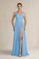 Ruched A - Line Chiffon Bridesmaid Dress with Slit in Steel Blue - SHE IS ME Bridesmaid Dresses
