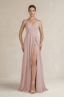 Ruched A - Line Chiffon Bridesmaid Dress with Slit in Toffee - SHE IS ME Bridesmaid Dresses