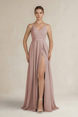 Ruched A-Line Chiffon Bridesmaid Dress with Slit in Toffee | KISSBRIDAL