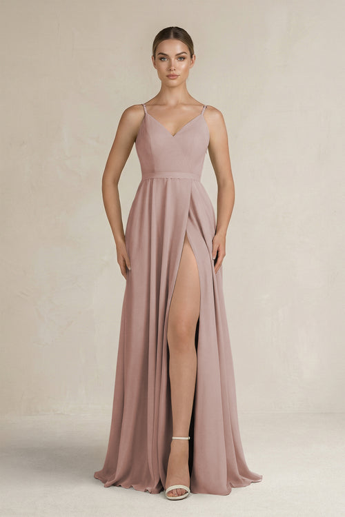 Ruched A-Line Chiffon Bridesmaid Dress with Slit in Toffee | KISSBRIDAL