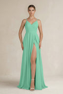 Ruched A - Line Chiffon Bridesmaid Dress with Slit in Turquoise - SHE IS ME Bridesmaid Dresses