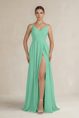 Ruched A - Line Chiffon Bridesmaid Dress with Slit in Turquoise - KISS BRIDAL Bridesmaid Dresses