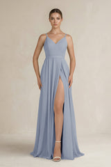Ruched A - Line Chiffon Bridesmaid Dress with Slit in Twilight - KISS BRIDAL Bridesmaid Dresses