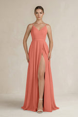 Ruched A - Line Chiffon Bridesmaid Dress with Slit in Wild Rose - KISS BRIDAL Bridesmaid Dresses