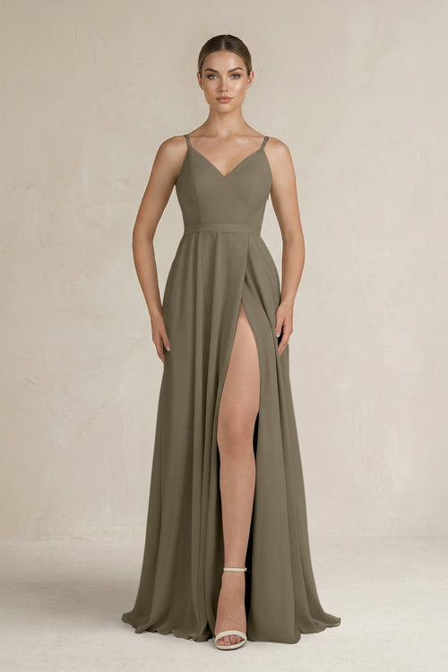 Ruched A - Line Chiffon Bridesmaid Dress with Slit in Willow Green - SHE IS ME Bridesmaid Dresses