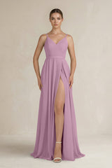 Ruched A - Line Chiffon Bridesmaid Dress with Slit in Wisteria - KISS BRIDAL Bridesmaid Dresses