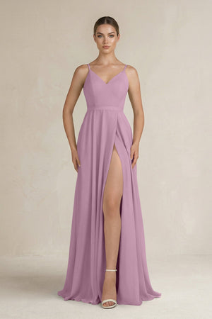 Ruched A - Line Chiffon Bridesmaid Dress with Slit in Wisteria - SHE IS ME Bridesmaid Dresses