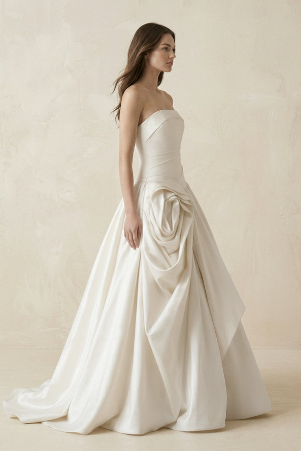 Ruched A - Line Strapless Satin Wedding Dress in White - SHE IS ME Wedding Dresses