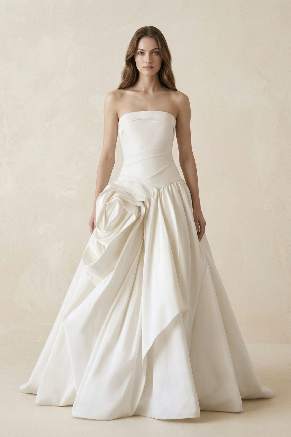 Ruched A - Line Strapless Satin Wedding Dress in White - KISS BRIDAL Wedding Dresses