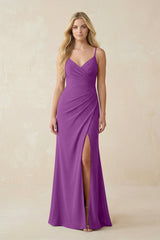 Ruched Sheath Spaghetti Strap Chiffon Bridesmaid Dress in Amethyst - KISS BRIDAL BRIDESMAID DRESSES