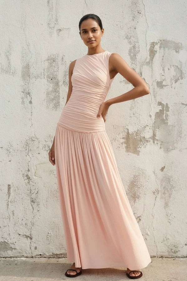 Ruched Backless Maxi Dress in Blush Pink - SHE IS ME PROM DRESSES