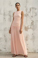 Ruched Backless Maxi Dress in Blush Pink - KISS BRIDAL PROM DRESSES