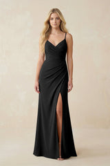 Ruched Sheath Spaghetti Strap Chiffon Bridesmaid Dress in Black - KISS BRIDAL BRIDESMAID DRESSES