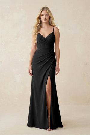 Ruched Sheath Spaghetti Strap Chiffon Bridesmaid Dress in Black - SHE IS ME BRIDESMAID DRESSES