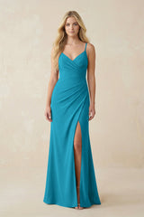 Ruched Sheath Spaghetti Strap Chiffon Bridesmaid Dress in Blue Jay - KISS BRIDAL BRIDESMAID DRESSES