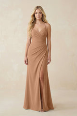 Ruched Sheath Spaghetti Strap Chiffon Bridesmaid Dress in Bronzer - KISS BRIDAL BRIDESMAID DRESSES