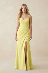 Ruched Sheath Spaghetti Strap Chiffon Bridesmaid Dress in Buttercup - KISS BRIDAL BRIDESMAID DRESSES