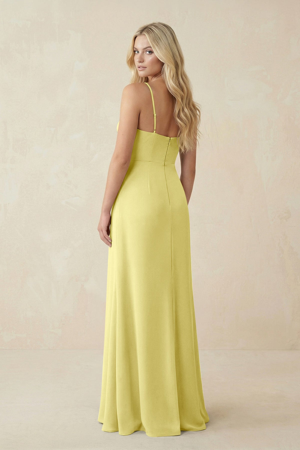 Ruched Sheath Spaghetti Strap Chiffon Bridesmaid Dress in Buttercup - KISS BRIDAL BRIDESMAID DRESSES