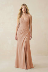 Ruched Sheath Spaghetti Strap Chiffon Bridesmaid Dress in Champagne Rose - KISS BRIDAL BRIDESMAID DRESSES