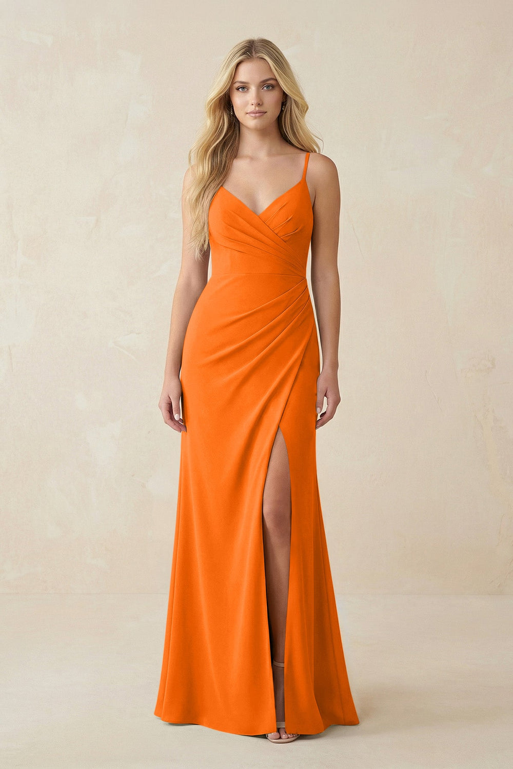 Ruched Sheath Spaghetti Strap Chiffon Bridesmaid Dress in Cinnamon - KISS BRIDAL BRIDESMAID DRESSES