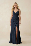 Ruched Sheath Spaghetti Strap Chiffon Bridesmaid Dress in Dark Navy - SHE IS ME BRIDESMAID DRESSES
