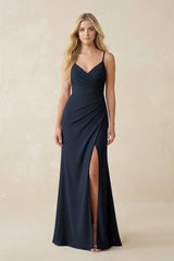 Ruched Sheath Spaghetti Strap Chiffon Bridesmaid Dress in Dark Navy - KISS BRIDAL BRIDESMAID DRESSES