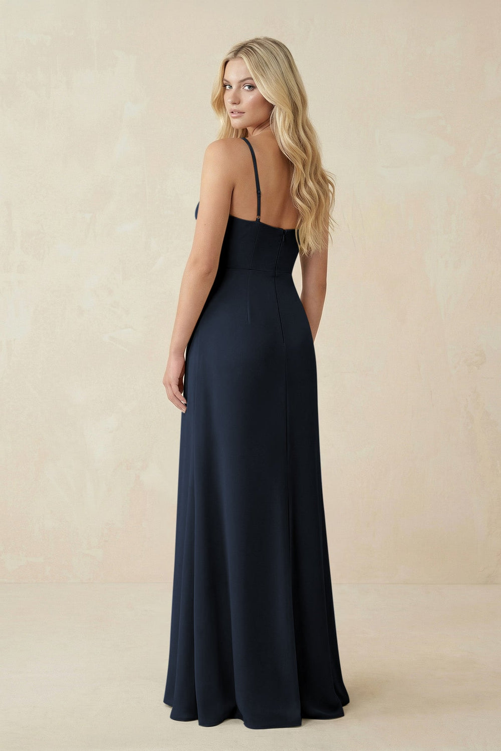 Ruched Sheath Spaghetti Strap Chiffon Bridesmaid Dress in Dark Navy - KISS BRIDAL BRIDESMAID DRESSES