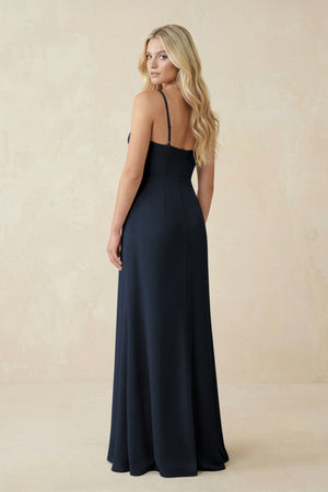 Ruched Sheath Spaghetti Strap Chiffon Bridesmaid Dress in Dark Navy - SHE IS ME BRIDESMAID DRESSES