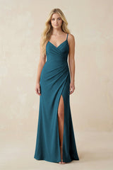 Ruched Sheath Spaghetti Strap Chiffon Bridesmaid Dress in Dark Teal - KISS BRIDAL BRIDESMAID DRESSES