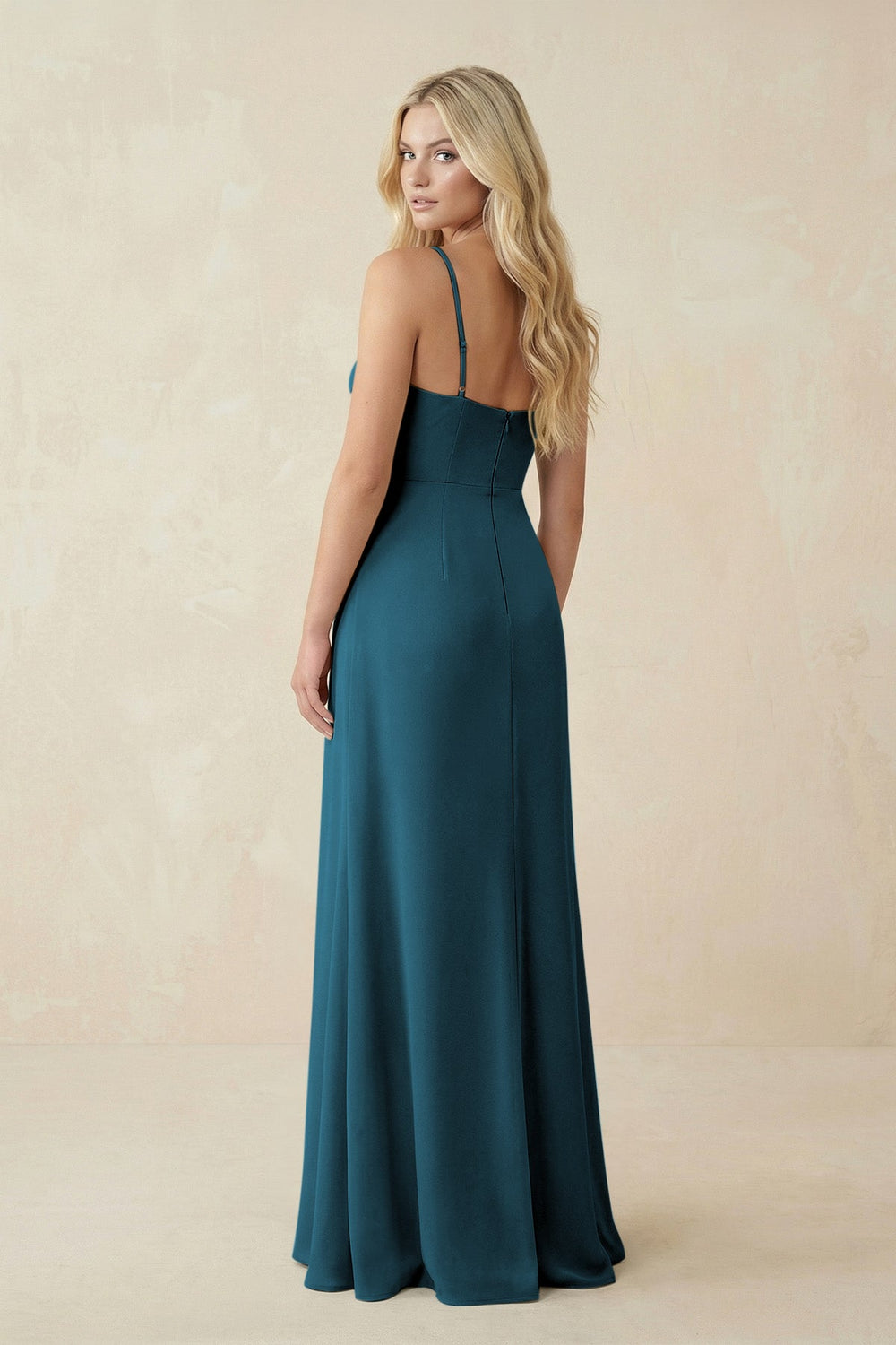 Ruched Sheath Spaghetti Strap Chiffon Bridesmaid Dress in Dark Teal - KISS BRIDAL BRIDESMAID DRESSES