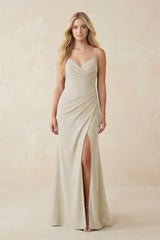Ruched Sheath Spaghetti Strap Chiffon Bridesmaid Dress in Dove Gray - KISS BRIDAL BRIDESMAID DRESSES