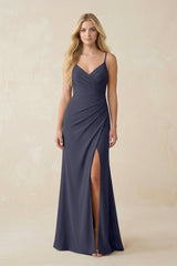 Ruched Sheath Spaghetti Strap Chiffon Bridesmaid Dress in Dusk Blue - KISS BRIDAL BRIDESMAID DRESSES