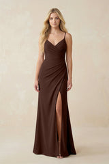 Ruched Sheath Spaghetti Strap Chiffon Bridesmaid Dress in Espresso - KISS BRIDAL BRIDESMAID DRESSES