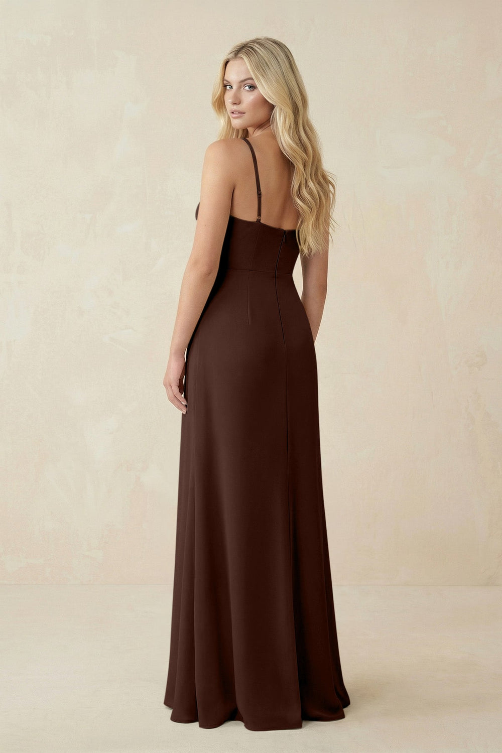 Ruched Sheath Spaghetti Strap Chiffon Bridesmaid Dress in Espresso - KISS BRIDAL BRIDESMAID DRESSES