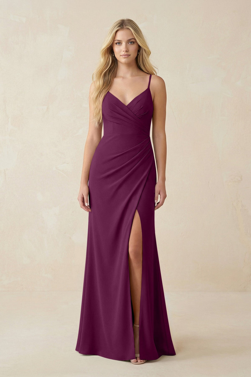 Ruched Sheath Spaghetti Strap Chiffon Bridesmaid Dress in Fig - KISS BRIDAL BRIDESMAID DRESSES