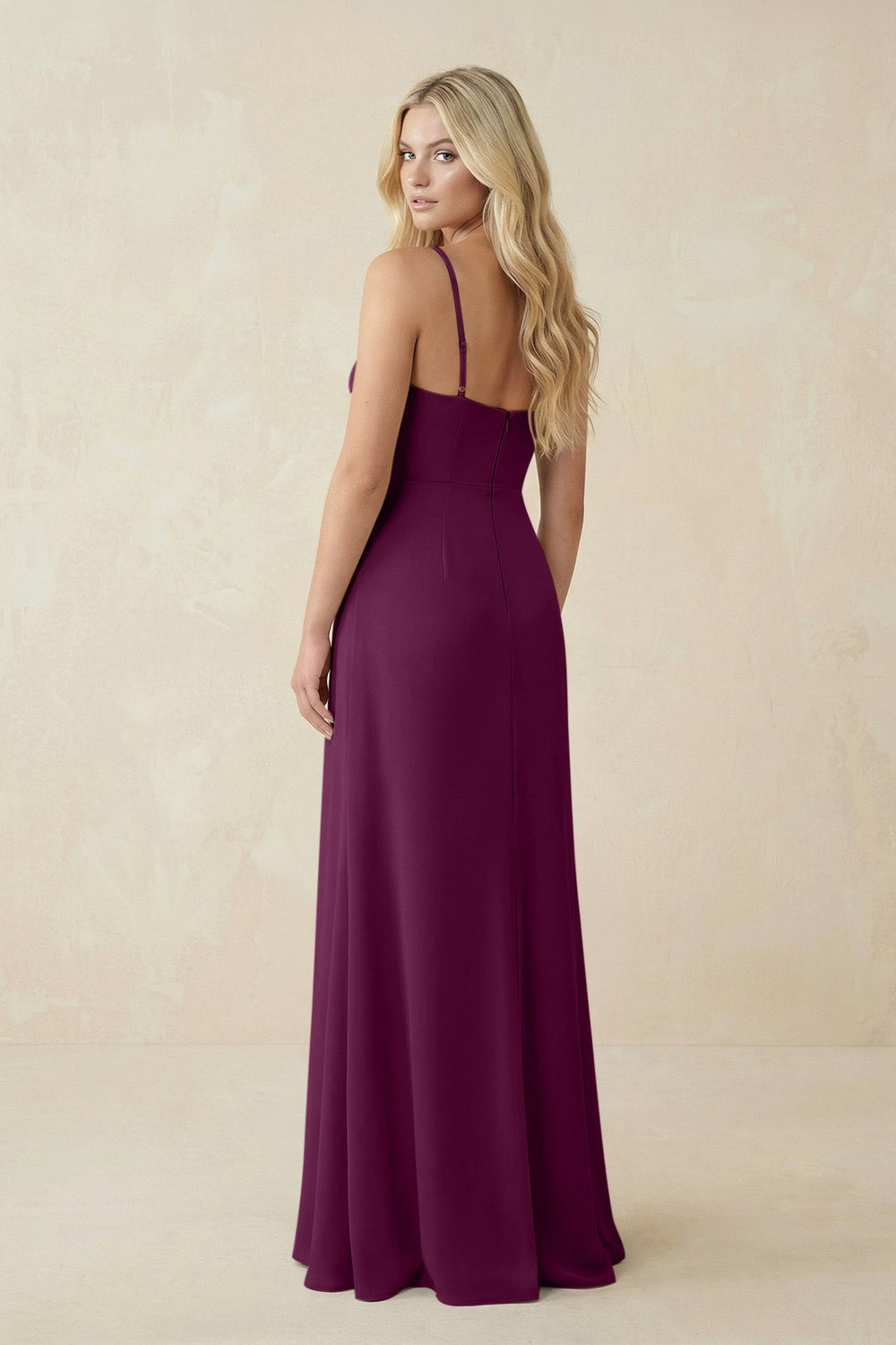 Ruched Sheath Spaghetti Strap Chiffon Bridesmaid Dress in Fig - KISS BRIDAL BRIDESMAID DRESSES