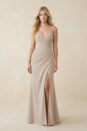 Ruched Sheath Spaghetti Strap Chiffon Bridesmaid Dress in Frost - SHE IS ME BRIDESMAID DRESSES