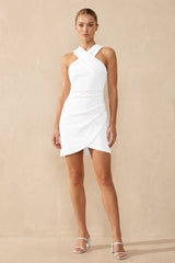 Ruched Halter Sleeveless Sheath Mini Dress in White – KISS BRIDAL Dresses