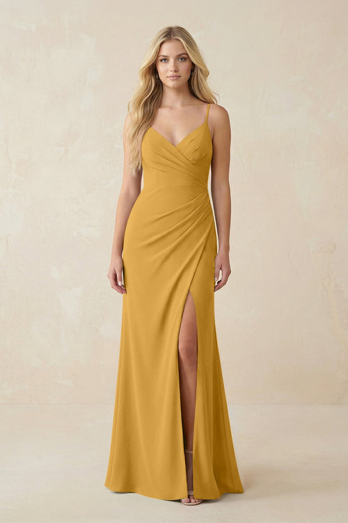 Ruched Sheath Spaghetti Strap Chiffon Bridesmaid Dress in Marigold - SHE IS ME BRIDESMAID DRESSES
