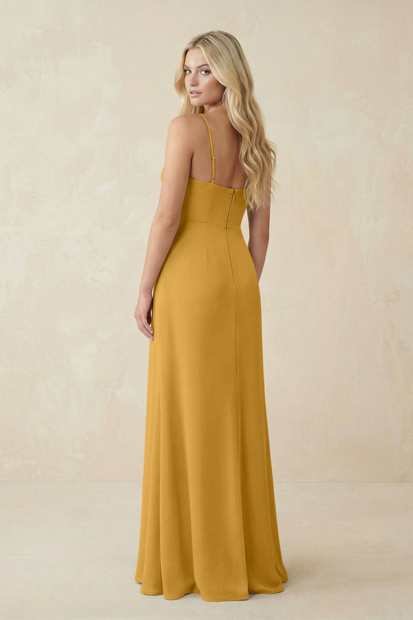 Ruched Sheath Spaghetti Strap Chiffon Bridesmaid Dress in Marigold - SHE IS ME BRIDESMAID DRESSES