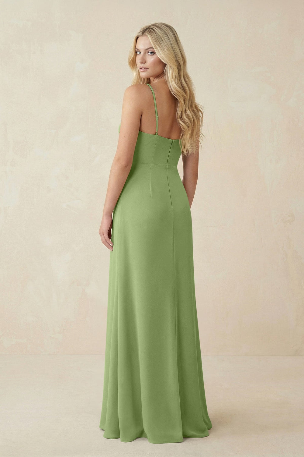 Ruched Sheath Spaghetti Strap Chiffon Bridesmaid Dress in Matcha - KISS BRIDAL BRIDESMAID DRESSES